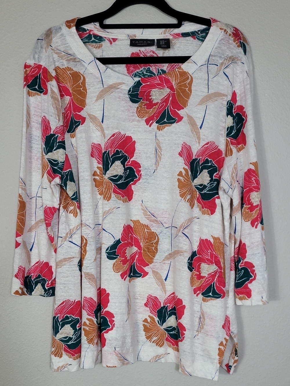 Tahari 100% Linen Floral Top Size XL 3/4 Sleeve Coastal Grandma Feminine